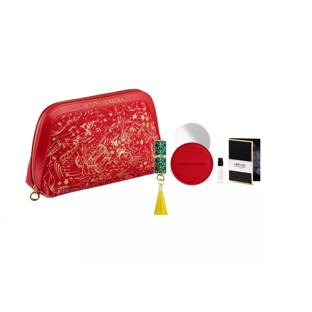Carolina Herrera Beauty Gift Set-Red Pouch, Good Girl,Lipstick,Mirror-4pc-NEW